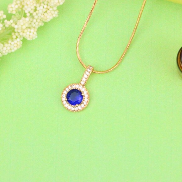 "Gold Plated Blue Round Pendant with Crystal Halo for Women, XPPT1739 - Picture 12 of 13